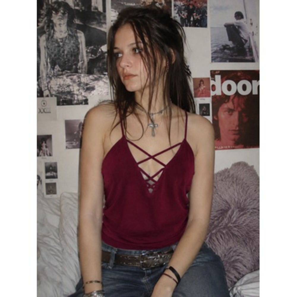 Express Tank Top Womens M Red Strappy Criss Cross Plunge V Neck Cami Sexy Y2K